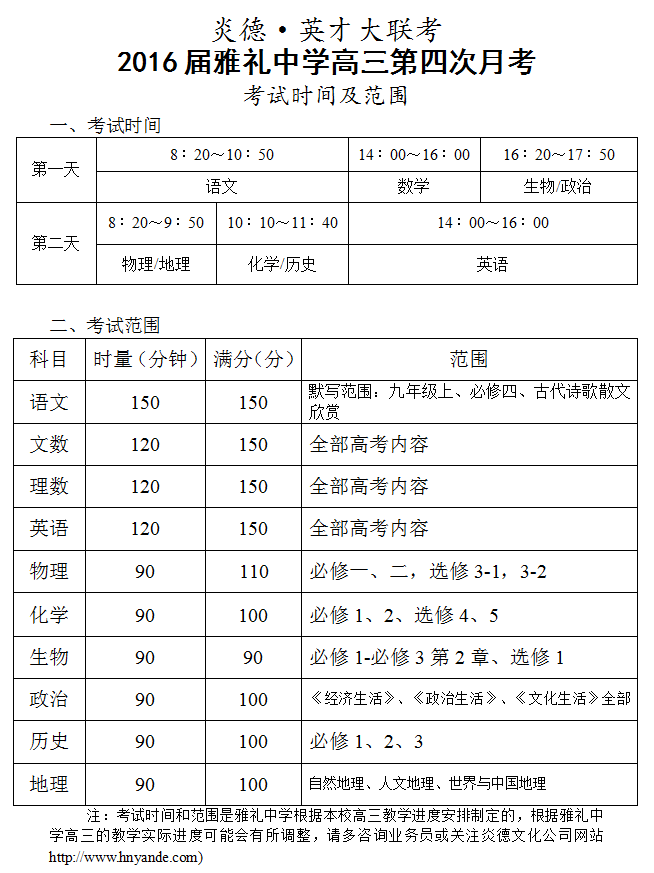 炎德英才大聯(lián)考雅禮中學2016屆高三第4次月考考試時間和范圍