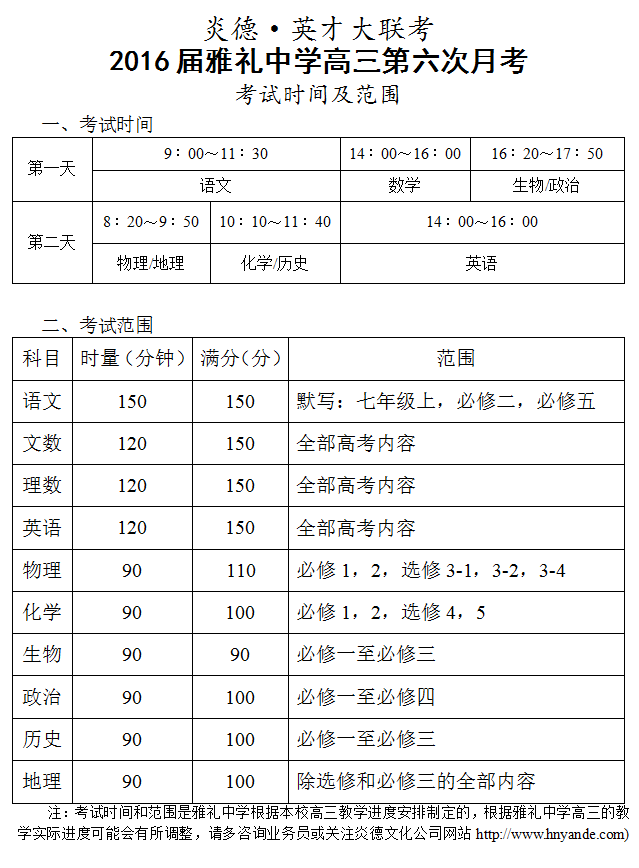 炎德英才大聯(lián)考雅禮中學2016屆高三第6次月考考試時間和范圍