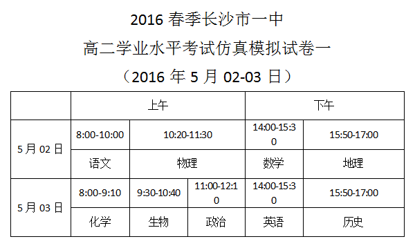 2016春季長(zhǎng)沙市一中高二學(xué)業(yè)水平考試仿真模擬試卷一考試時(shí)間安排（2016.5.2-3）